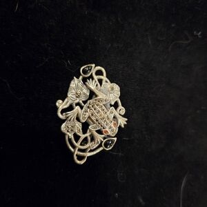 Silver Frog Brooch with Red Accents